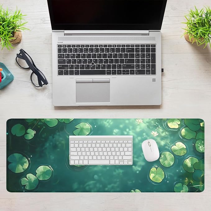 Pond Water Lily Gaming Mouse Pad Green Dream Surface Water Lily Extended Keyboard Mouse Mat for Computer Office, Big Laptop Mouse pad, Gaming Pc 31.5x11.8 in