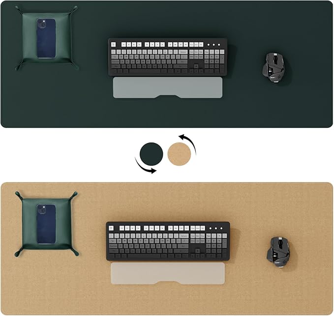 DAWNTREES Dark Green Desk Mat,Leather Desk Pad,40"x16",Cork Desk Mat Protector,with PU Leather Valet Tray Organizer,Large Mouse Pad,Desk Writing Pad for Office and Home