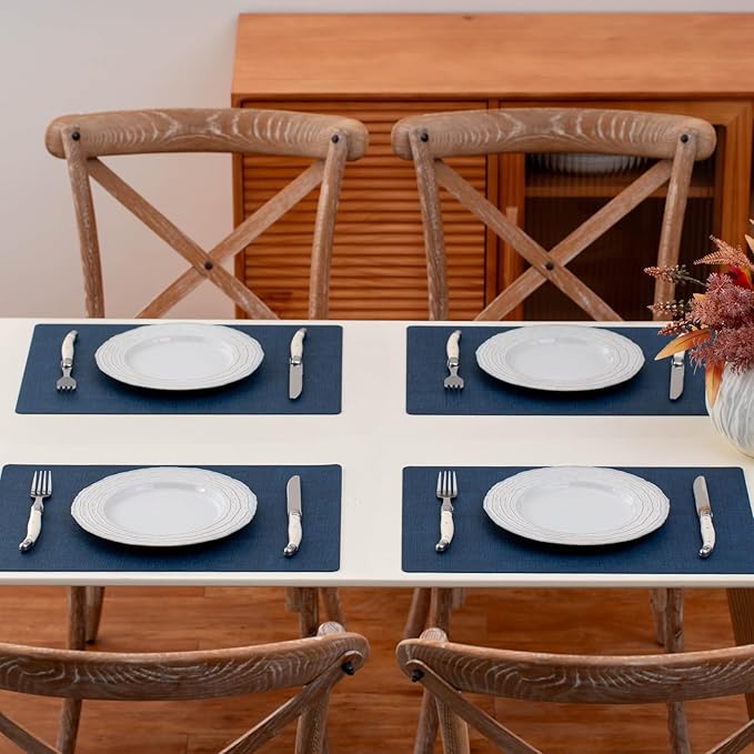 Vinyl Placemats Set of 4 - Faux Leather 100% Waterproof Oil-Proof Wipeable PU Place Mats, Heat Resistant Reversible Table Mats for Kitchen, Dining, Outdoor (Navy Blue)