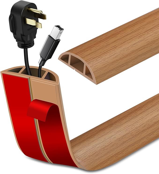 Floor Cord Cover Self Adhesive Cord Hider Floor Extension Cord Covers for Floor Power Cord Protector Cable Management Prevent Cable Trips Cable Cavity 0.47" W x 0.27" H (Light Brown Wood, 3.3Ft)