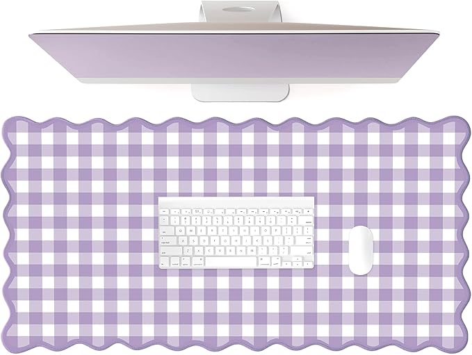 Scalloped‌ Purple Checkered Gingham Desk Mat Cute Pastel Large Mouse Pad Kawaii Cottagecore ‌Vintage‌ Girly Laptop Keyboard Computer Mat Pad Aesthetic Cozy Office Desk Decor for Women