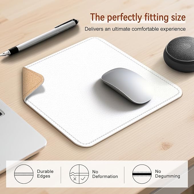 Leather Mouse Pad with Stitched Edge, Waterproof Gaming Mouse Mat for Computers, Laptop, Office & Home (White, 11"*8")