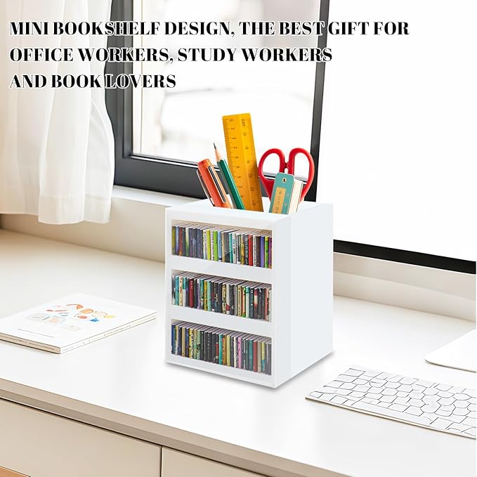 Anxiety Bookshelf Ornament Mini Bookshelf Miniature Library with 100pcs Mini Books, Mini Bookstore, Shake Off Your Anxiety, Bookmark or Pencil Holder Organizer for Book Lovers Home Decor (White)