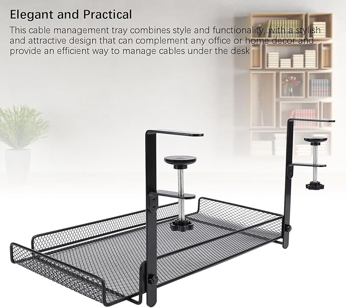 Under Desk Wire Organizer, Cable Management Tray Metal, Large Storage Tray Clamp Mount for Office Home, No Drill Cable Raceway (Black)