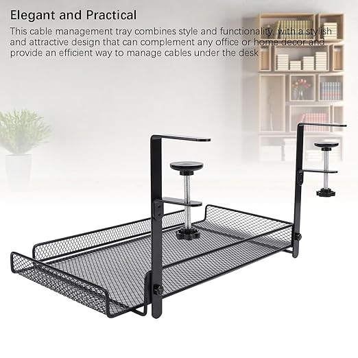 Under Desk Cable Management Tray, 14.4 x 7.9 x 6.9 Inch Large Cpacity Metal Mesh Desk Cable Tray with Clamp Mount No Drill Carbon Steel Desk Cable Organizer for Home Office (Black)