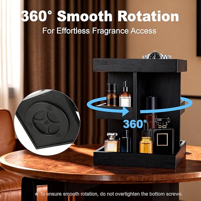 Cologne Organizer for Men, 3-Tier Perfume Stand with 360° Rotation, Wood Cologne Shelf for Desk, Nightstand Organizer, Dresser, Birthday Gifts for Husband Boyfriend, Gift for Dad From Wife (Black)