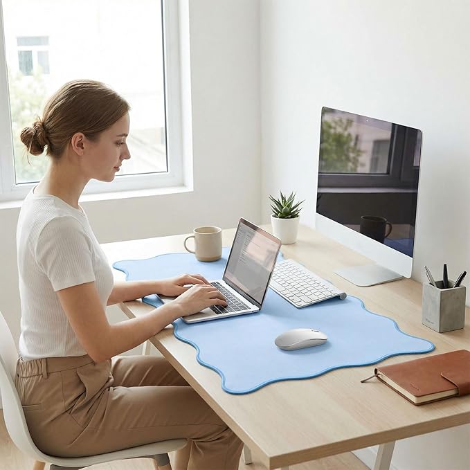 Scalloped Desk Mat 31.5" x 15.7" Large Cute Desk Mat for Desktop, Waterproof Scalloped Aesthetic Table Pad, Non-Slip Mouse Keyboard Pads Computer Accessories for Desk Office Home Gaming