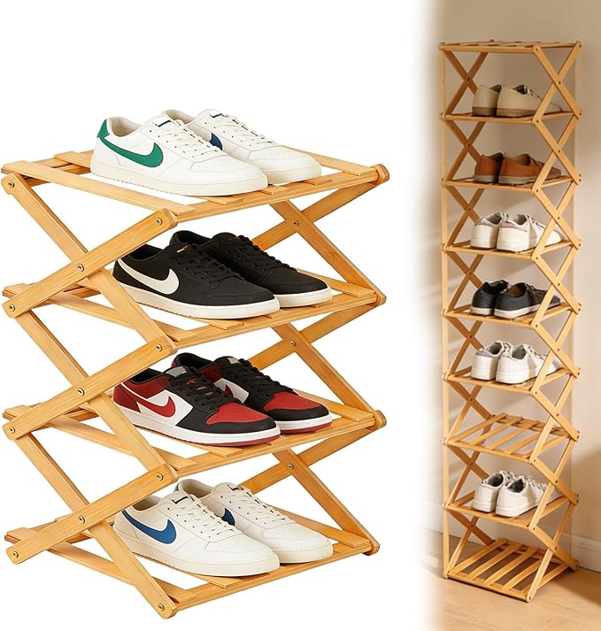 Foldable Shoe Rack, Tier No-Assembly Bamboo Rack, 2026 New Portable Bamboo Corner Shoe Rack, Multifunctional Narrow Shoe Shelf for Entryway, Closet, Corner, Bedroom (4 Layers)