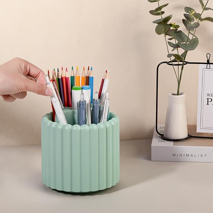 Anyoifax 360° Rotating Pen Holder 7 Slots Desk Organizer Removable Pencil Cup Plastic Art Supplies and Accessories Desktop Storage Box Caddy for Office, School, Home (Green)