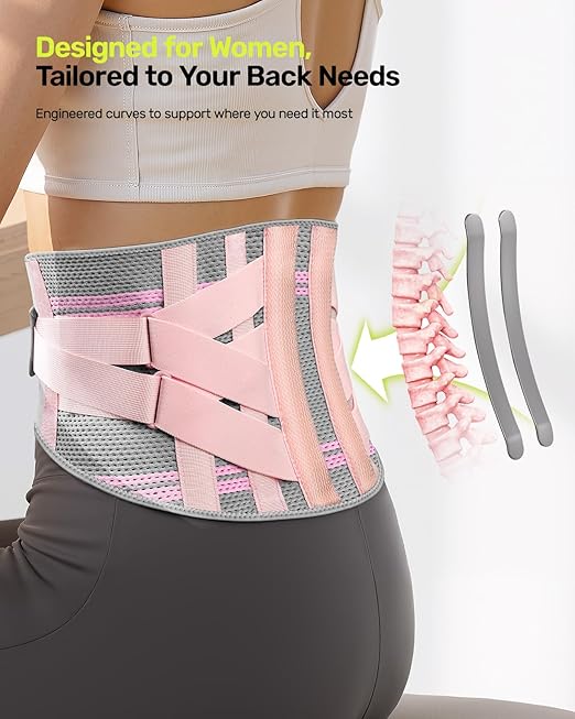 Rakiie Back Brace for Lower Back Pain Women with 9X Support System, Ergonomic Lumbar Support for Pain Relief, Breathable Mesh Design with 3D Silicone Pad for Sciatica, Pink Size M (Waist: 32.3" – 39.8")