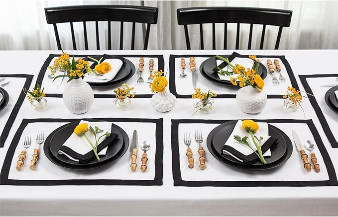 Solino Home Linen Cloth Napkins Set of 4-100% Pure Linen Black and White Dinner Napkins 20 x 20 Inch for Spring, Summer - Classic, Handcrafted and Machine Washable