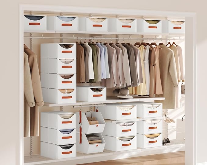Homsorout Stackable Storage Drawers - Collapsible Storage Bins with Drawers, 4 Pack Closet Shelf Organizer Basket, Fabric Pull Out Organizer for Bedroom, Living Room, Dorm, White