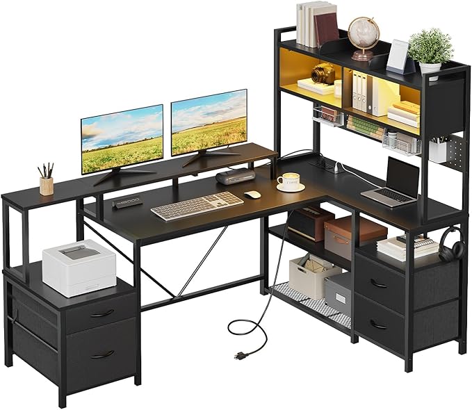 RALGEND 75" L Shaped Gaming Desk with Hutch, L Shaped Desk with Drawers, LED Light, Power Outlets & Pegboard, Corner Desk with Storage Shelves & Monitor Stand for Home Office, Black