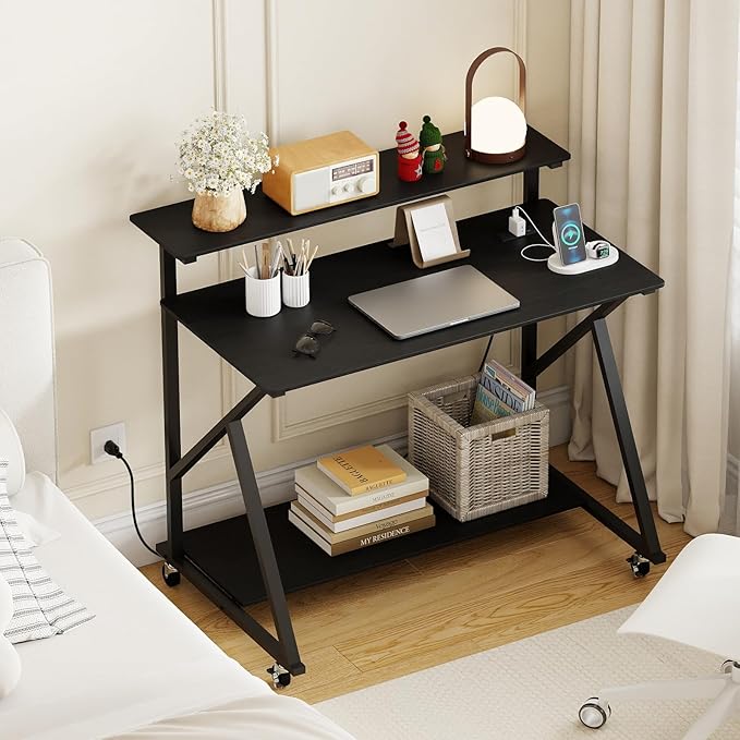 Tangkula 39.5" Mobile Computer Desk with Power Outlets, Rolling Laptop Workstation with Monitor Stand & Storage Shelf, Gaming Writing Desk with Lockable Wheels for Home Office Bedroom (Black)