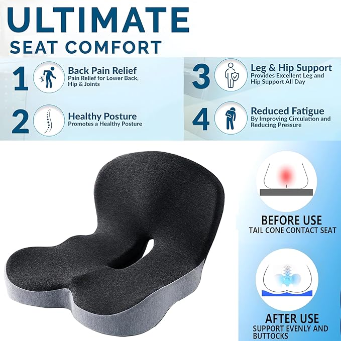 Seat Cushion Memory Foam Pads for Truck Driver Office Chair Cushion Home Chair Cushion Car Non Slip Pad Sitting Ergonomic Cushions for Office Workers Car Drivers (Dark Grey)