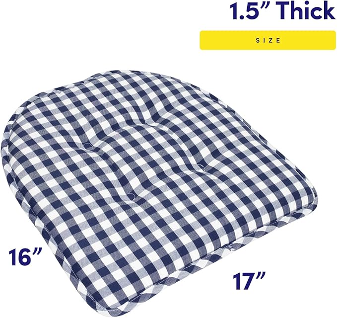 Sweet Home Collection Chair Cushion Memory Foam Pads Tufted Slip Non Skid Rubber Back U-Shaped 17" x 16" Seat Cover, 4 Count (Pack of 1), Checkered Navy/White