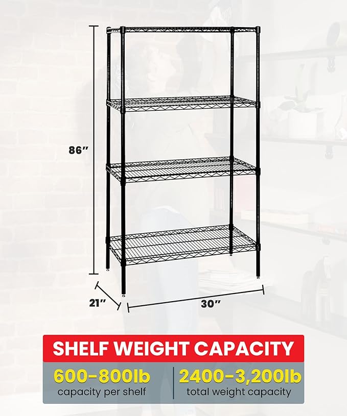 QUANTUM STORAGE SYSTEMS WR86-2130BK Starter Kit Wire Shelves Black Epoxy 4 Shelves 86" H x 30" W x 21" D
