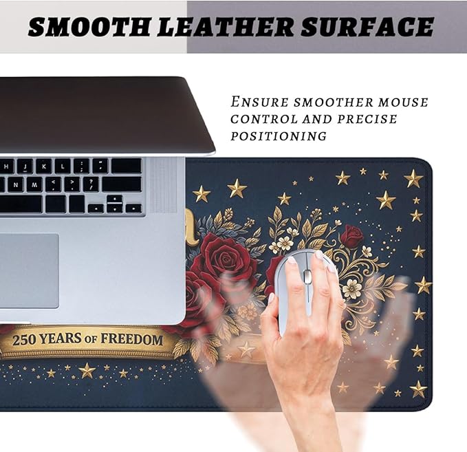 250 Years of Freedom Gaming Mouse Pad Cartoon Flowers USA Commemorative Mousepad Extended Large Laptop Keyboard Non-Slip Rubber Base with Stitched Edges for Home 31.5x11.8 Inch