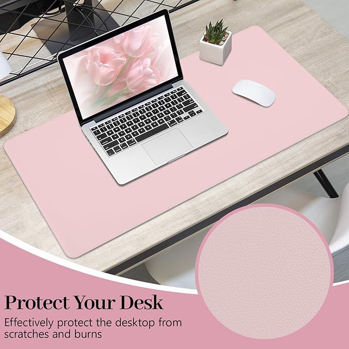 Pink Leather Desk Mat Large Mouse Pad, Waterproof Desk Pad for Keyboard and Mouse, Non-Slip Computer Desk Protector, Smooth Mouse Movement Desk Mat for Home and Office(35.4"×17")
