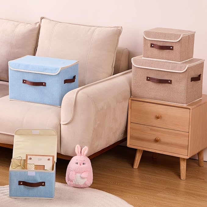 2PCS Storage Boxes with Lid Cotton Linen Fabric Storage Bins Organizer Container Decorative Collapsible Washable Shelf Closet Baskets Faux Leather Handles Home Bedroom (Linen, Small)