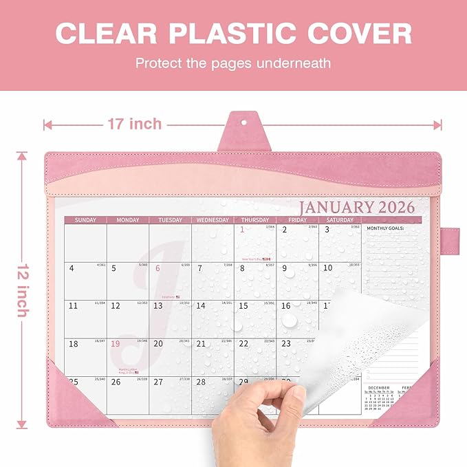 Ospelelf Desk Calendar 2026-2027 with Storage Pocket Protective Cover Large 12"x17" Leather Monthly Wall Planner Pad 18 Months January 2026 - June 2027 Pink