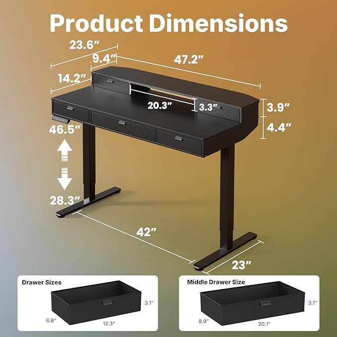 HUANUO 48 X 24 inch Electric Standing Desk with 4 Drawers, Adjustable Height Sit Stand Home Office Desk, C-Clamp Mount Compatible, Ergonomic Stand up Desk with 4 Preset Heights, Black