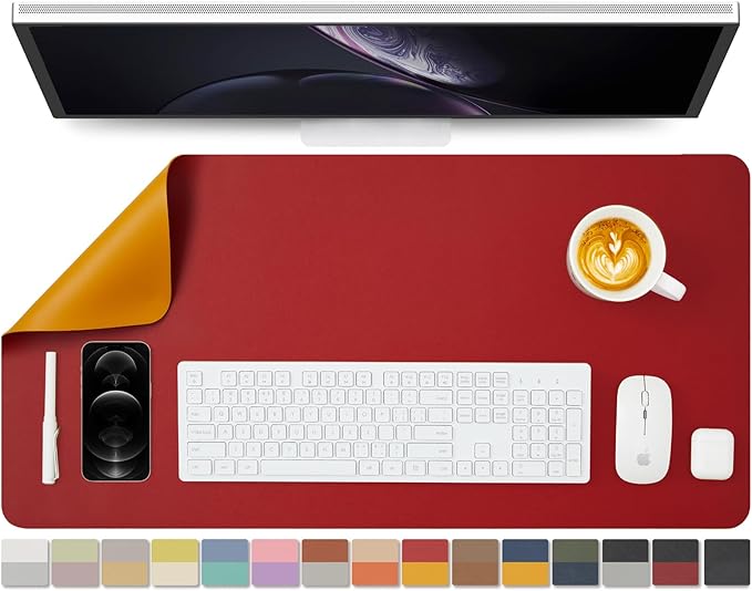 HOMIEAZICOZI Dual Sided Leather Desk Mat - Waterproof Pad for Office and Home Organization Accessories Ideal Large Mouse Mats on Top of Desks(Red+Yellow,31.5''x 15.7'')