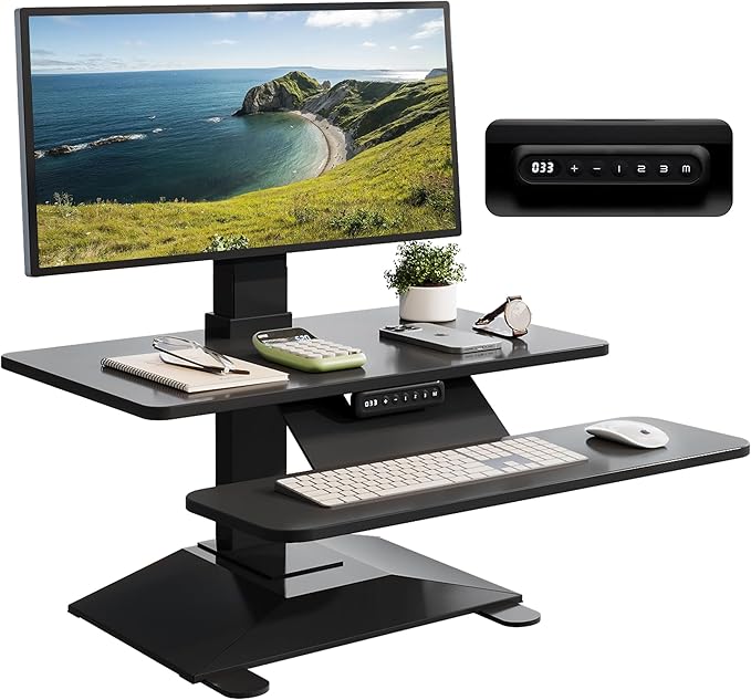 Electric Standing Desk Converter 28" Wide, Height Adjustable Desk Riser, Computer Workstation, Sit-Stand Convertor for Home, Office, School (Black, 1 Arm Included)