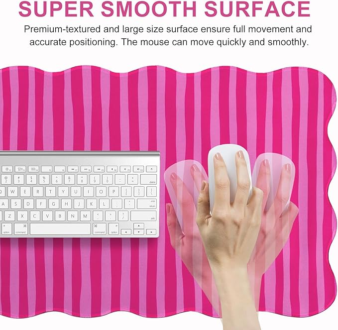 L-SPOUTTO Hot Pink Striped Mouse Pad,Scalloped Desk Mat XXL Large Geometric Gaming Mousepad,35.4x15.7in Non-Slip Rubber Base Keyboard Pad Waterproof Desktop Mat for Laptop Computer Game Home Office
