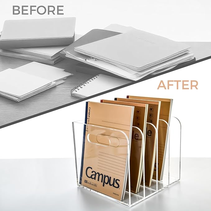Acrylic File Holder for Desk - 4 Slot Vertical Magazine Organizer & Bookend - Clear Document Sorter Rack for Folders, Binders, Notebooks & Reports - Non-Slip Office Desktop Storage Sorter