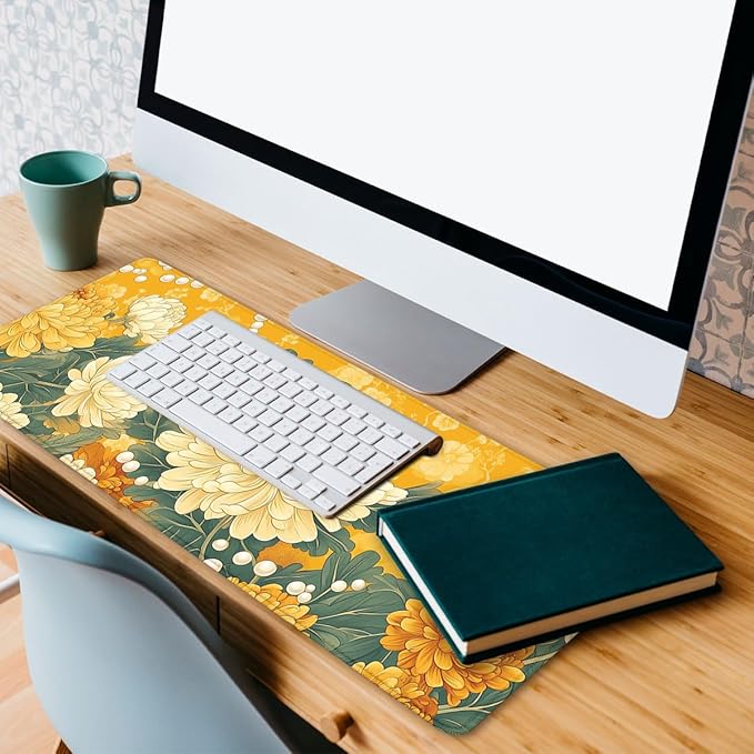 Flower Gaming Mouse Pad Autumn Chrysanthemum Yellow Vintage Floral Mousepad XL Large Gaming Mouse Pad Laptop Keyboard Mat Desk Pad 31.5"x11.8"