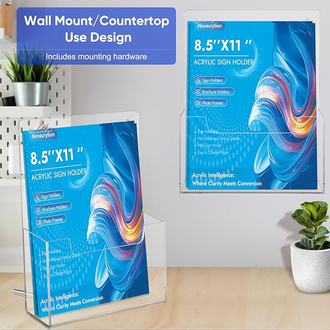 Acrylic Brochure Holder 8.5x11 [2 Pack] - Clear Trifold Sign Holder for Flyers, Menus, Posters | Wall Mount & Desktop Display Stand for Office, Retail, Restaurant