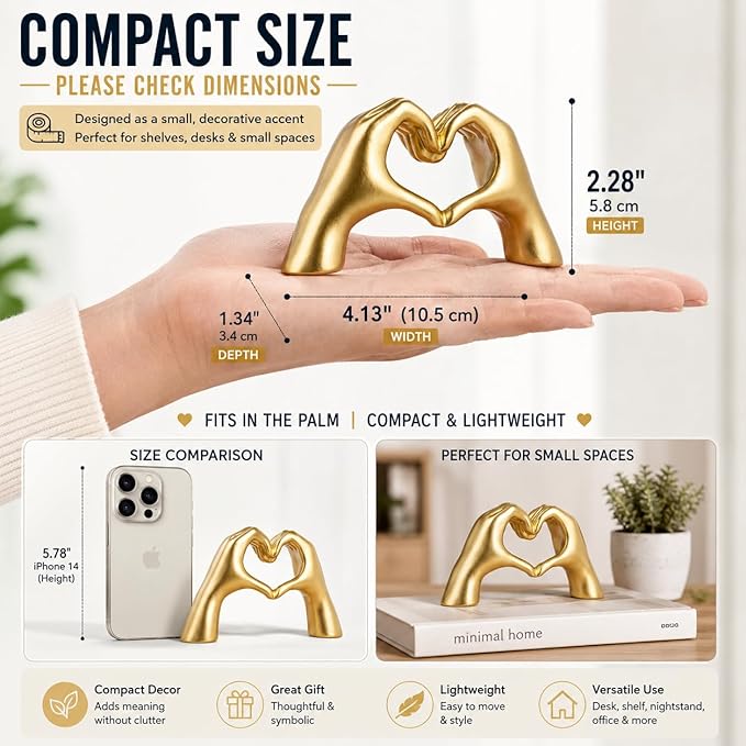 Gold Decor Living Room – Mini Small Heart Hands Sculpture – Shelf Decor Aesthetic – Cute Home Accent Table & Shelves – Love Statue - Gifts Girlfriend, Wife, Women, Teen Girls, Valentine (Gold, Mini)