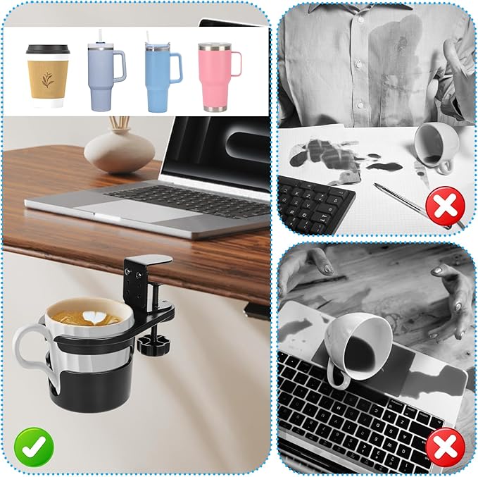 FMOACEN 3-Stage Adjustable Desk Cup Holder Clamp, 360° Rotating Anti-Spill Tray for Water Bottles & Mugs, Heavy-Duty Under Desk Organizer for Office, PC Gaming & School, Black