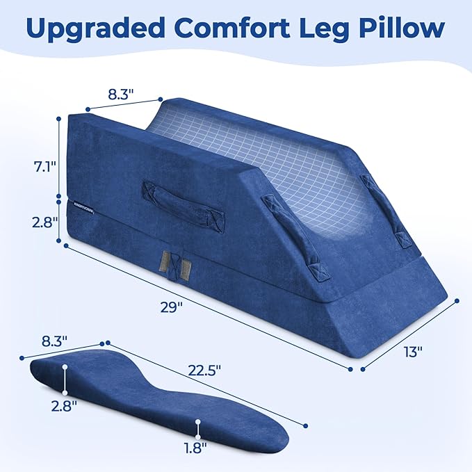 KingPavonini 4-Height Adjustable Leg Elevation Pillows for After Surgery with Ergonomic Curve, Memory Foam Wedge Pillow for Legs Swelling, Blood Circulation and Pain Relief, Blue (Single Leg)