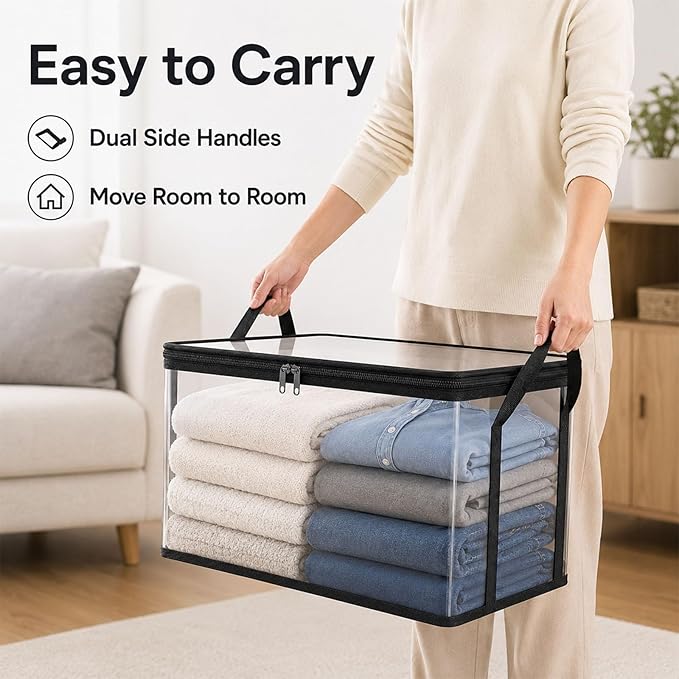 HICOOL Large Clear Thick Plastic Storage Box with Hinged Lid, Heavy-Duty Durable High Capacity Organizer, Perfect for Home, Camping, Travel, Attic and Moving (2 PCS)