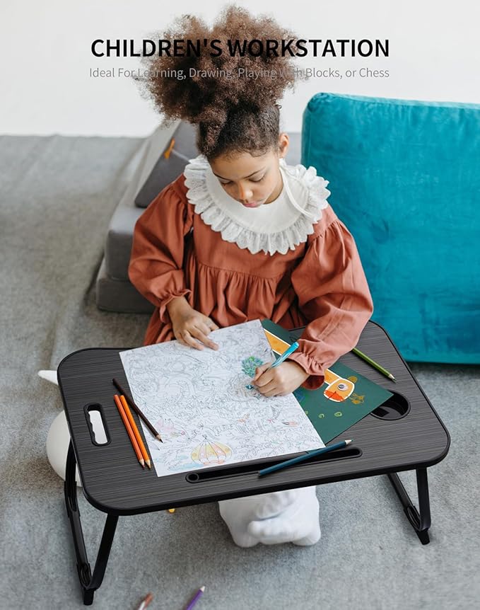 ZEAPTAC Laptop Bed Desk, Foldable Lap Desk, Portable Lap Table, Laptop Stand with Cup Holder & Tablet Slot & Lifting Handle for Working Writing Drawing & Eating - Black