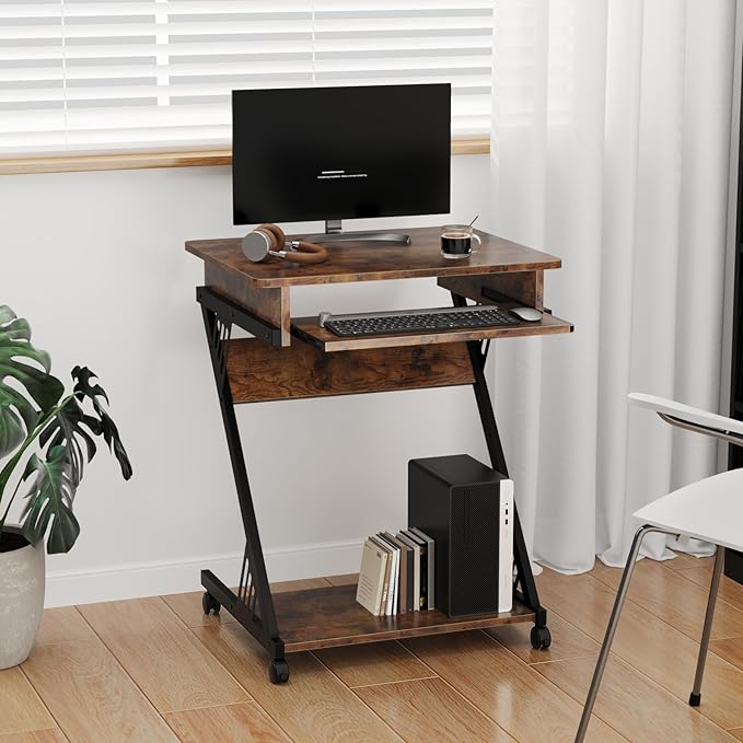 ALISENED 2 Tier Computer Desk with Keyboard Tray, 23.6" Home Office Desk Computer Workstation Rolling Study PC Laptop Table for Small Spaces,Z-Shaped Small Compact Study Table