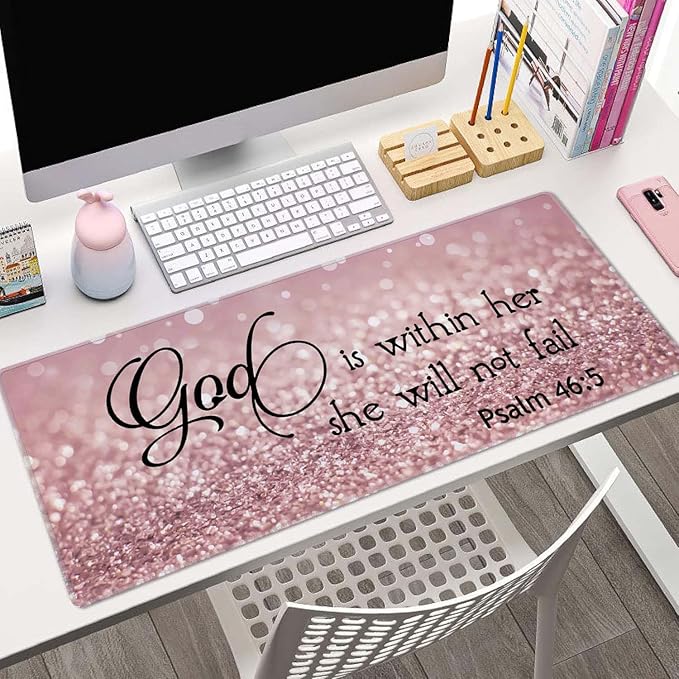 Bible Verse Gaming Mouse Pad Large, Keyboard Mouse Mat Desk Pad, Non-Slip Rubber Base with Stitched Edges Mousepad, 31.5X11.8 inch - Psalm 46:5 God is Within Her,She Will not Fall