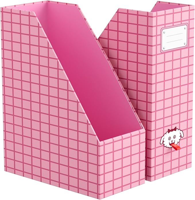 JiaWei Magazine File Holder Foldable Storage Boxes for Documents - Set of 2 Cardboard Magazine Rack Made of 2150 g/m² 10.5 cm Wide，Desk Organizer for Classroom, Home, and Office - Pink