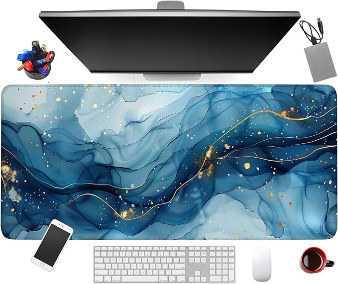 Large Mouse Pad, Blue Abstract Marble Desk Mat, Extended Gaming Mouse Pad with Non-Slip Rubber Base, Thick 3mm Smooth Surface Keyboard Mat for Office & Home,35.5 x 15.8 in