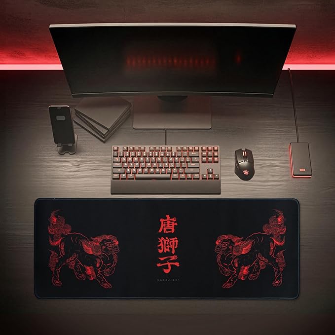 BELLEMOND Japanese Art Desk Mat | Large 31.5x11.8in Anime Mouse Pad for Keyboard & Mouse | Non-Slip Base, Water-Repellent | Original Japanese Design | Kara-jishi - Twin Lions