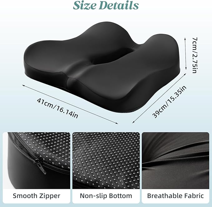 SheRest Seat Cushion, Ergonomic Memory Foam Cooling Cushion, Pressure Relief Suitable for Long Sitting Hours on Office Chairs, Desks, Cars and Airplane Seats, Black
