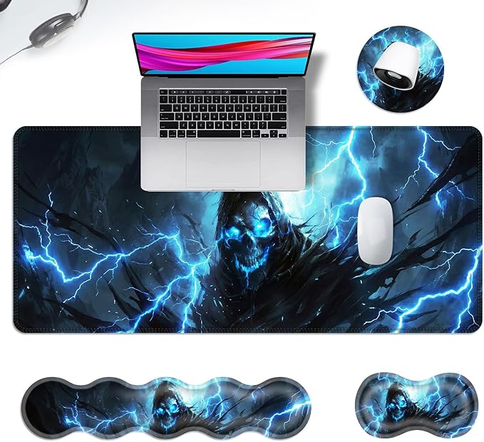 Ergonomic Mouse Pad Set with Wrist Support for Keyboard and Wrist Rest for Mouse, Memory Foam Comfort, Non-Slip Large Desk Mat for Home Office Pain Relief,Blue Glow Skull