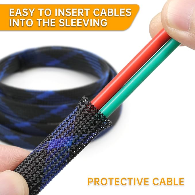 Braided Cable Sleeve, 33ft Expandable Wire Loom for Automotive Wiring Harness & PC Case, Pet-Proof Chew Resistant Cord Protector, Flexible Cable Management (Black-Blue, 6mm (1/4"))