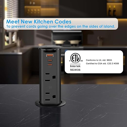 ANNQUAN 2 inch Space Saver Pop Up Outlet for Countertop with PD20W USB Ports,2 Outlets Tamper Resistant,Splashproof Pop Up Socket,Desk Power Grommet for Home Office Kitchen Black (ETL Listed)