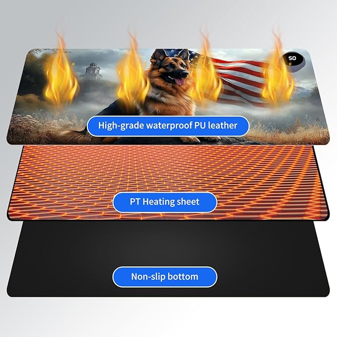Heated Mouse Pad,Warm Desk Pad with 3 Levels Heating & 3 Hours Auto Shut-Off, PU Leather Heated Desk Pad Warmer Pad for Home Office - 31.5 x 13 inch,German Shepherd Flag
