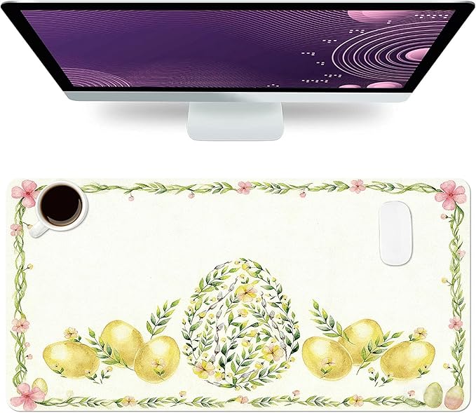 Green Leaves Mouse Pad PU Leather Eggs Desk Mat Large Waterproof Gaming Pad Non-Slip Keyboard Mouse Pad Writing Pad for Gamer Office&Home