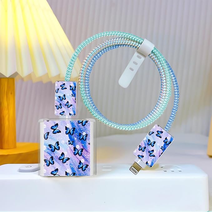 Phone Charger Case Storage Set with Cute Butterfly Cable Protector with Carrying Cable Case Bag,Cord Organizer, USB Earphone Wire Saver Organizer Charger Protector for iPhone (Colourful Butterfly)