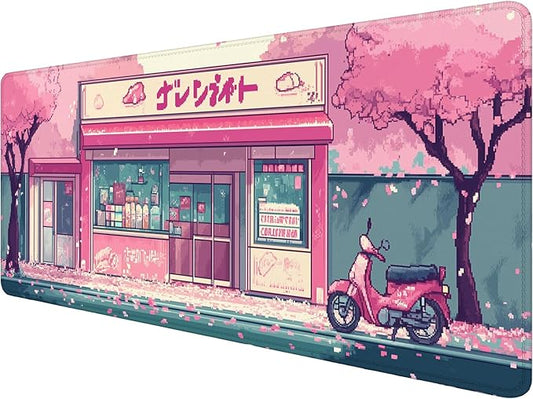 Japanese Anime Mouse Pad Pink Cherry Tokyo Street Aesthetic Large Gaming Mouse Mat with Stitched Edges,Non-Slip Waterproof Rubber Base Mous Mat Office Computer Keyboard Laptop Home 31.5x11.8 Inch